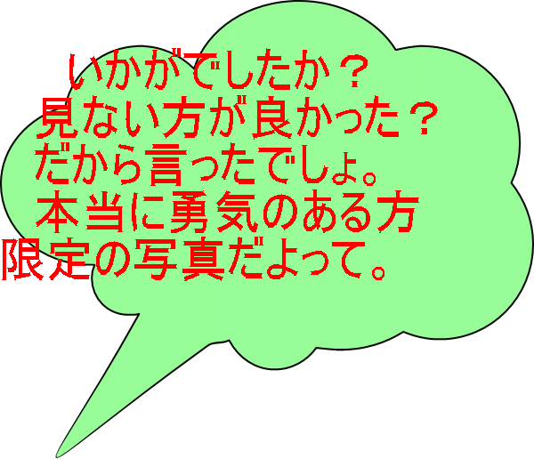  　　いかがでしたか？ 　見ない方が良かった？ 　だから言ったでしょ。 　本当に勇気のある方 限定の写真だよって。 
